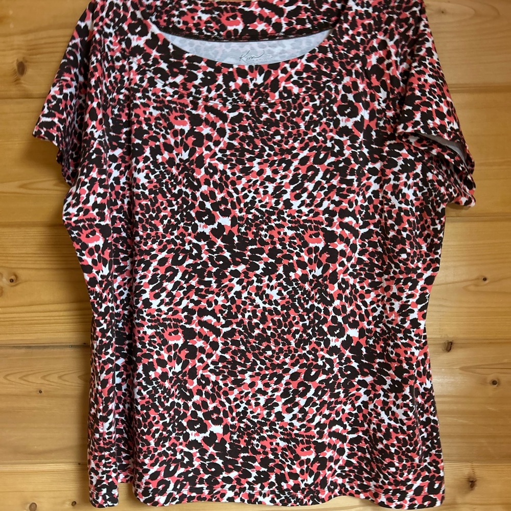 Women’s 2X Kim Rogers top blouse animal print 100% soft cotton pink/b/w